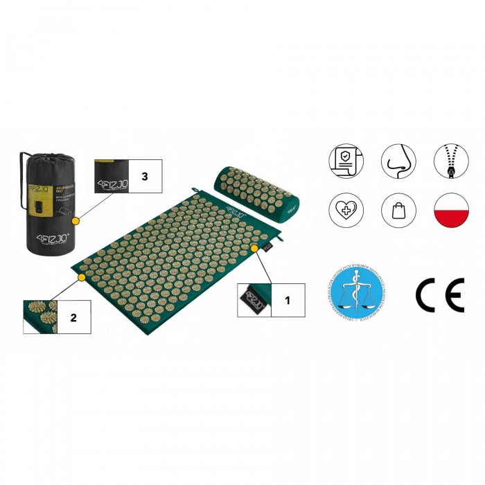 Килимок акупунктурний з валиком 4FIZJO Classic Mat Аплікатор Кузнєцова Navy Green/Gold (P-5907739313300)