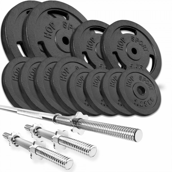 Набор Hop-Sport Strong 59 кг штанга с блинами с прямым и гантельными грифами