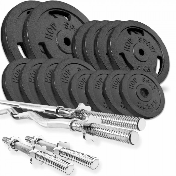 Набор Hop-Sport Strong 76 кг штанга с блинами с прямым, W или Z подобным и гантельными грифами