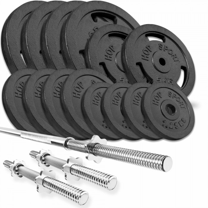 Набір Hop-Sport Strong 79 кг штанга з млинцями з прямим і гантельная грифами