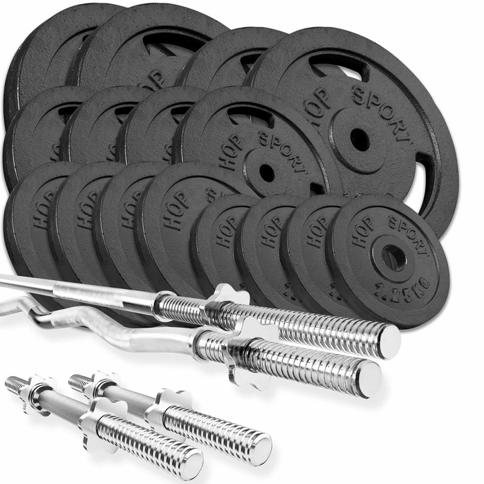 Набор Hop-Sport Strong 119 кг штанга с блинами с прямым, W или Z подобным и гантельными грифами