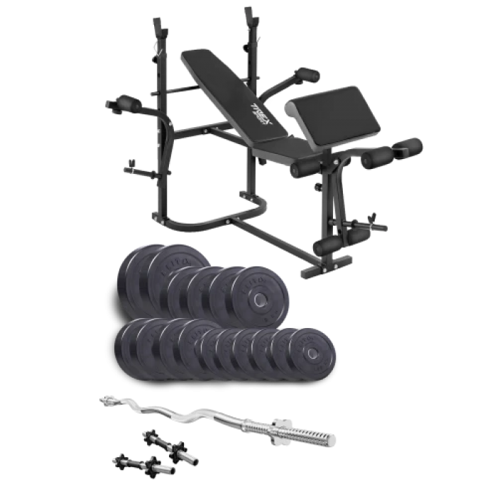 Набір Elitum Titan 65 кг з лавою ТХ-020, штангою та гантелями.