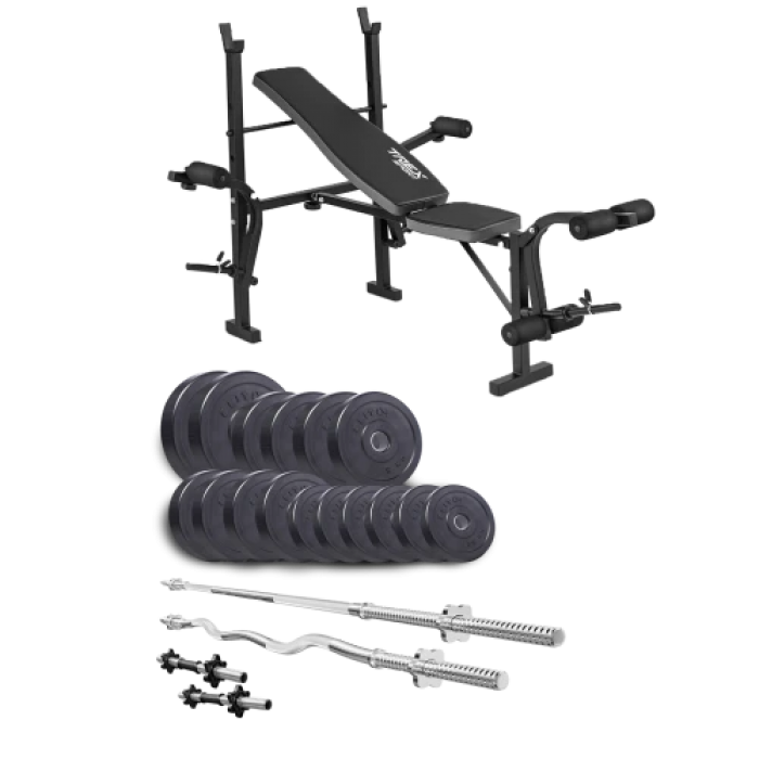 Набір Elitum Titan 74 кг з лавою ТХ-055, штангами та гантелями.