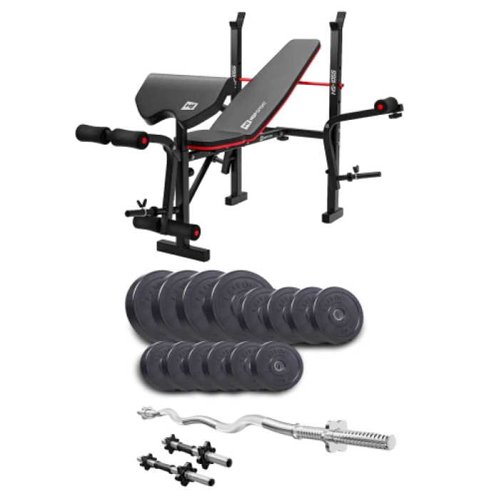 Набір Elitum Titan 45 кг з лавою HS-1055 Pro, штангою та гантелями