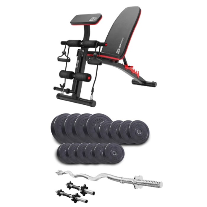 Набір Elitum Titan 45 кг з лавою HS-1035, штангою та гантелями.