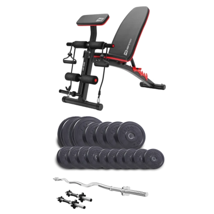 Набір Elitum Titan 65 кг з лавою HS-1035, штангою та гантелями.