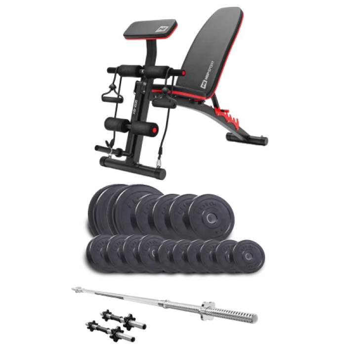 Набір Elitum Titan 68 кг з лавою HS-1035, штангою та гантелями.