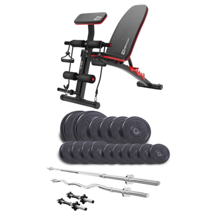 Набір Elitum Titan 74 кг з лавою HS-1035, штангами та гантелями.