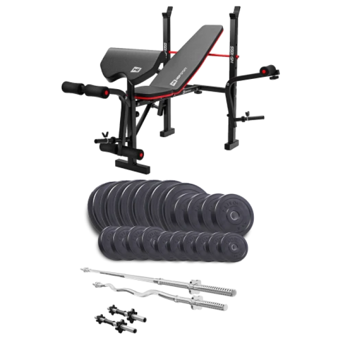 Набір Elitum Titan 114 кг з лавою HS-1055 Pro, штангами та гантелями