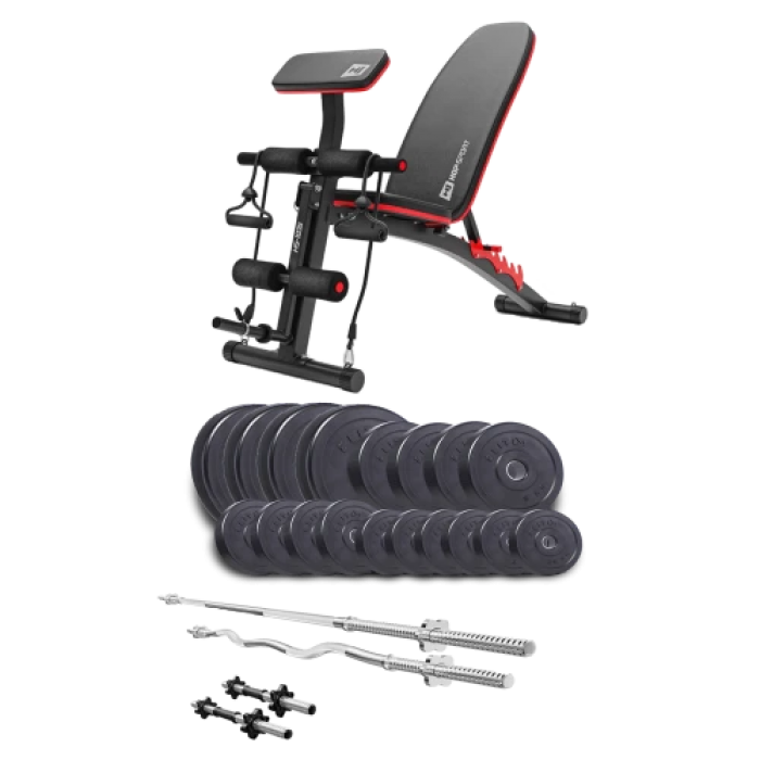 Набір Elitum Titan 94 кг з лавою HS-1035, штангами та гантелями.