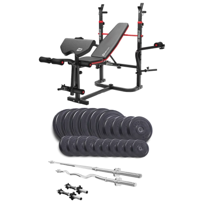 Набір Elitum Titan 114 кг з лавою HS-1065HB Pro, штангами та гантелями