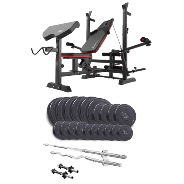 Набір Elitum Titan 114 кг з лавою HS-1075 Pro, штангами та гантелями