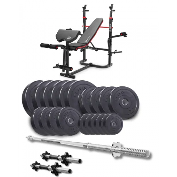 Набір Elitum Titan 109кг з лавою HS-1065HB Pro, штангою та гантелями