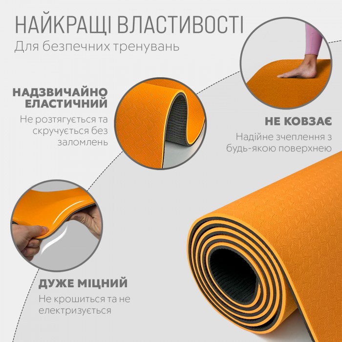 Коврик для йоги и фитнеса EasyFit TPE+TC 6 мм двухслойный оранжевый-черный