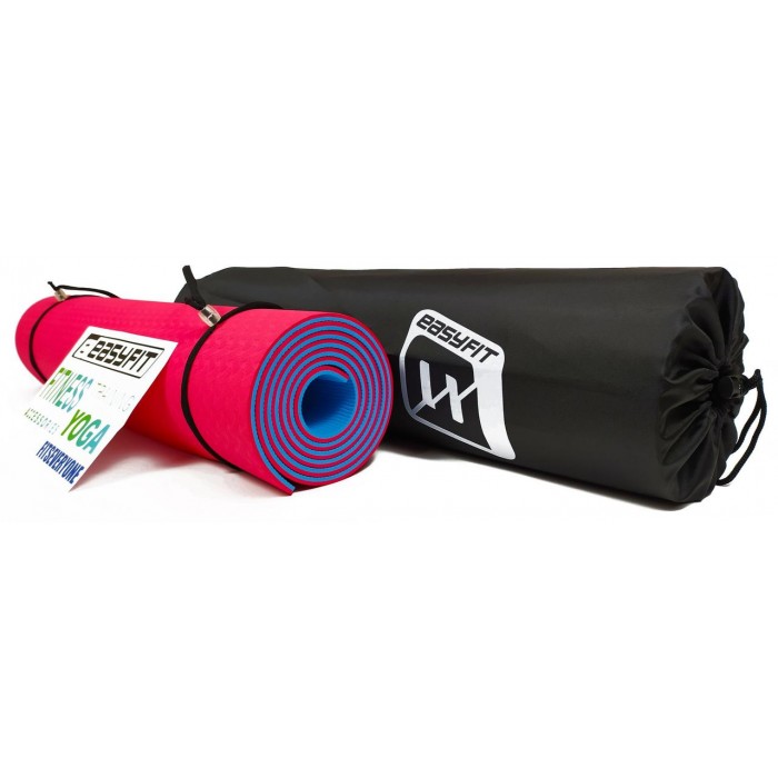Коврик для йоги и фитнеса EasyFit TPE+TC 6 мм двухслойный + Чехол красный с голубым