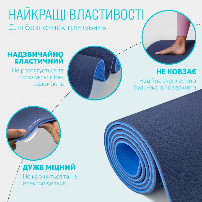 Коврик для йоги и фитнеса EasyFit TPE+TC 6 мм двухслойный + Чехол синий с голубым