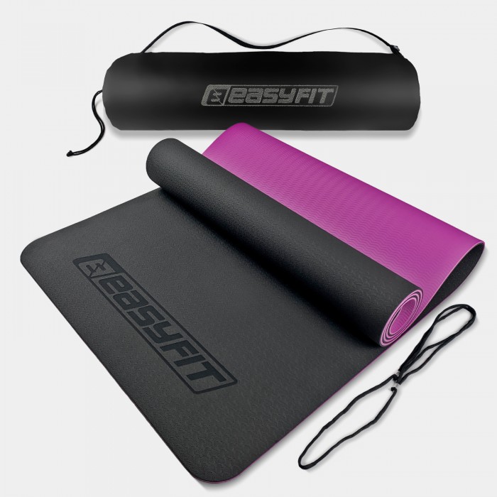 Коврик для йоги и фитнеса EasyFit TPE+TC 6 мм двухслойный + Чехол черный с фиолетовым