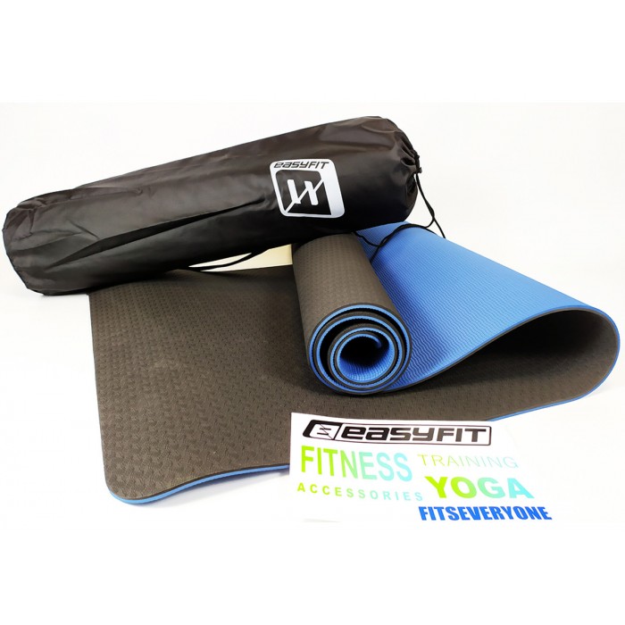 Коврик для йоги и фитнеса EasyFit TPE+TC 6 мм двухслойный + Чехол черный с синим