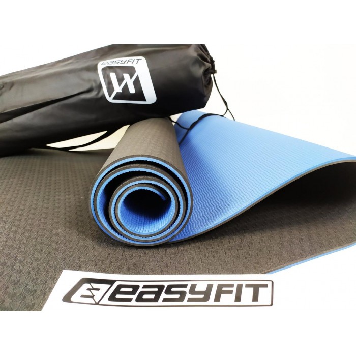 Коврик для йоги и фитнеса EasyFit TPE+TC 6 мм двухслойный + Чехол черный с синим