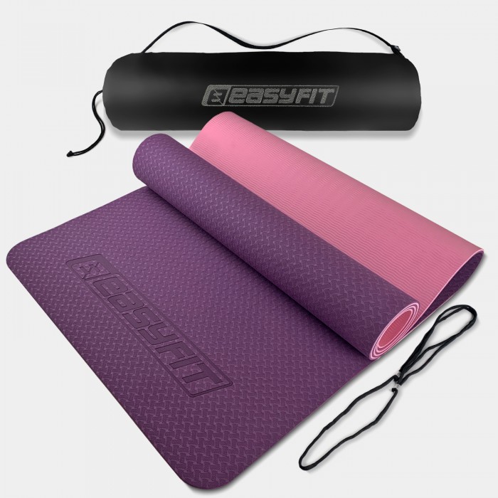 Коврик для йоги и фитнеса EasyFit TPE+TC 6 мм двухслойный + Чехол фиолетовый с розовый