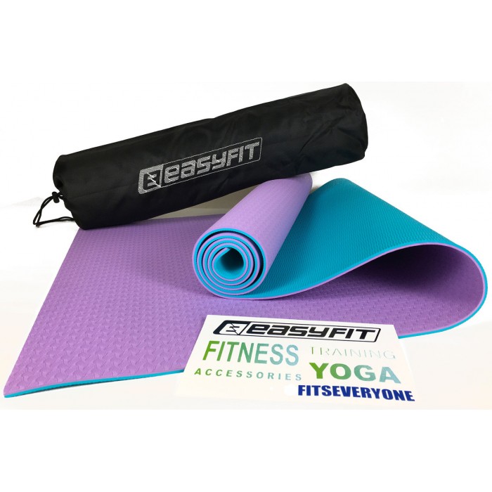 Коврик для йоги и фитнеса EasyFit TPE+TC 6 мм двухслойный + Чехол фиолетовый с мятным