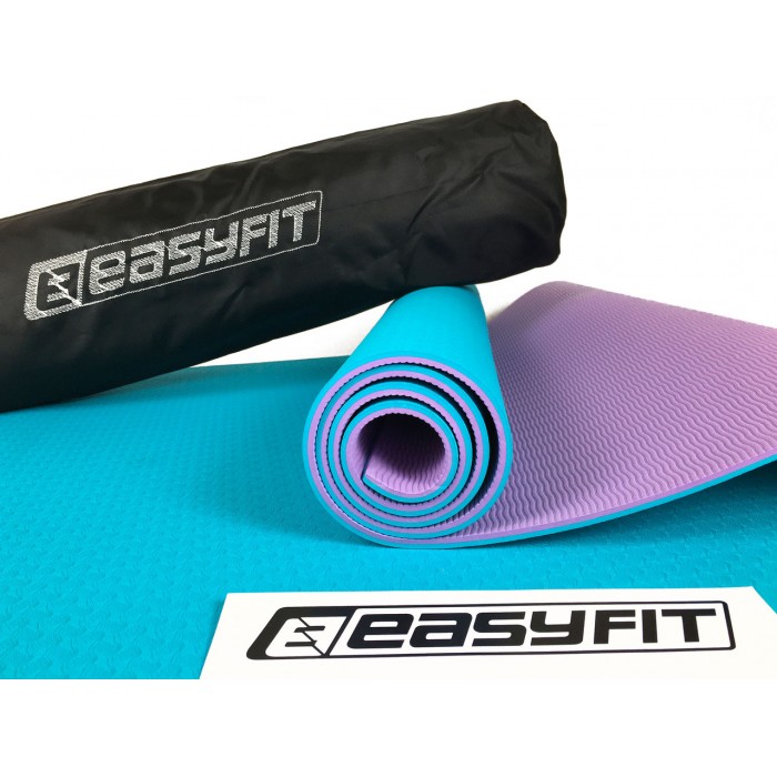 Коврик для йоги и фитнеса EasyFit TPE+TC 6 мм двухслойный + Чехол мятный с фиолетовым