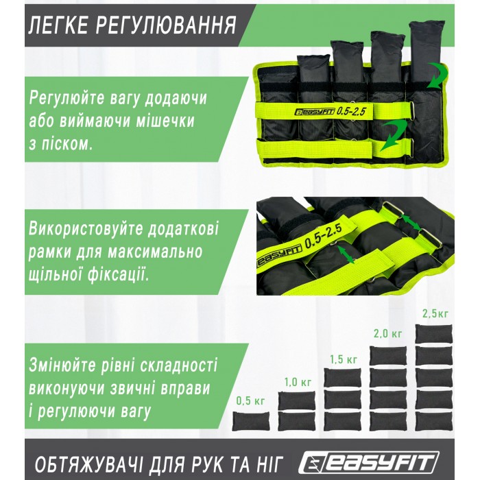 Утяжелители для ног и рук EasyFit наборные черно-зеленые 0,5-2,5 кг (пара)