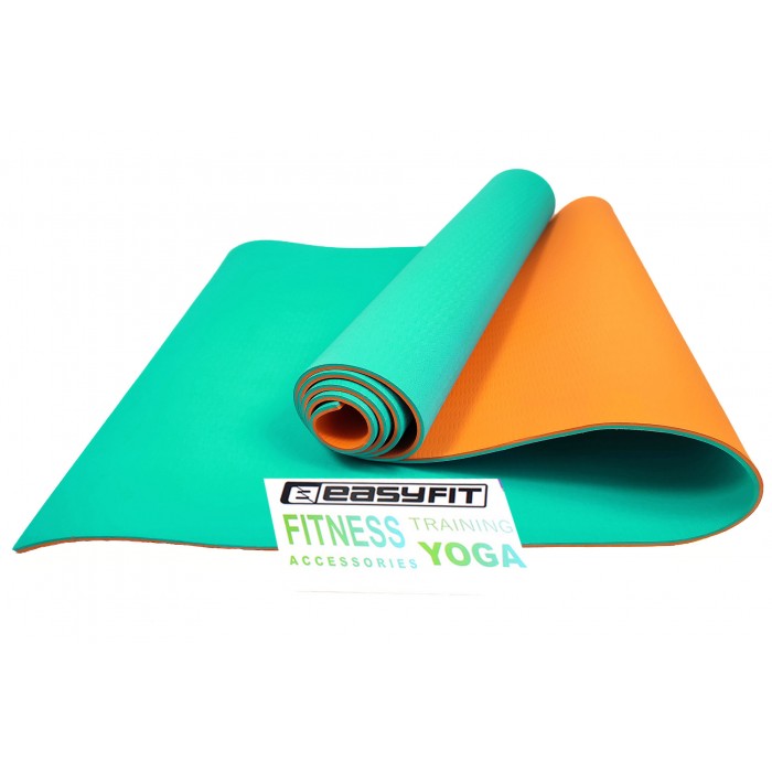 Коврик для йоги и фитнеса EasyFit TPE+TC 6 мм двухслойный бирюзовый-оранжевый