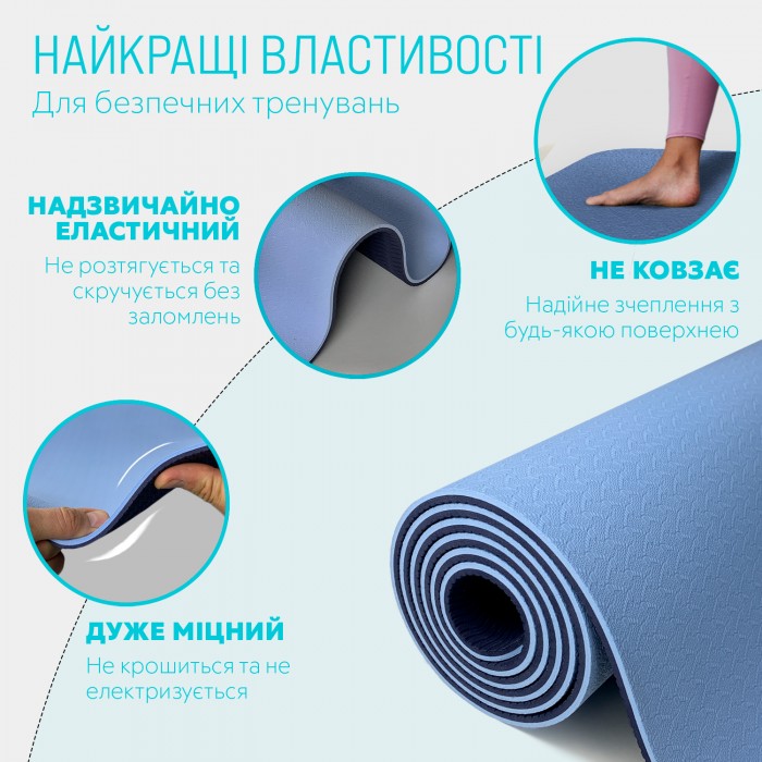Коврик для йоги и фитнеса EasyFit TPE+TC 6 мм двухслойный голубой-синий