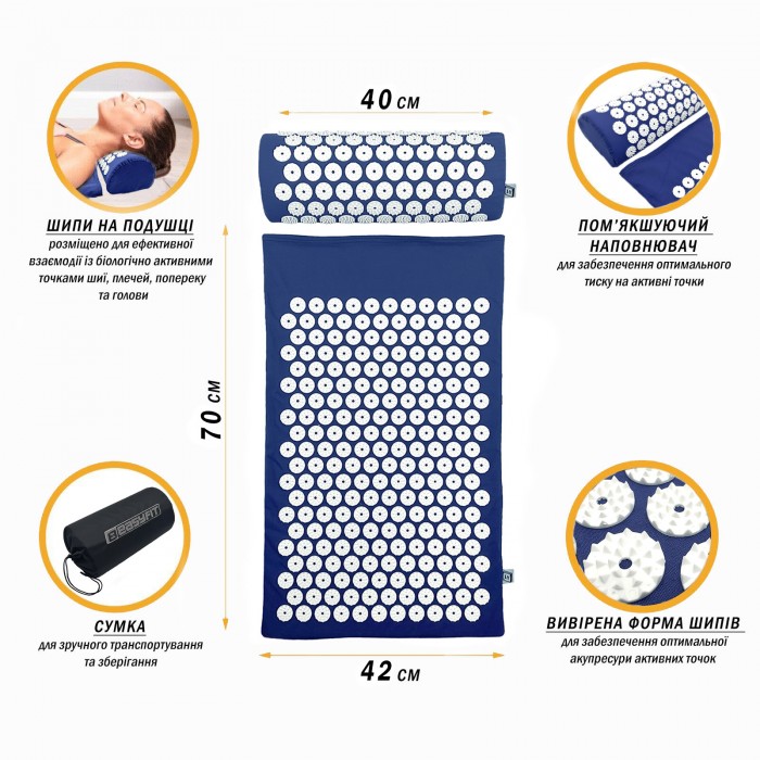 Массажный коврик Easyfit с подушкой (аппликатор Кузнецова) Синий с белым