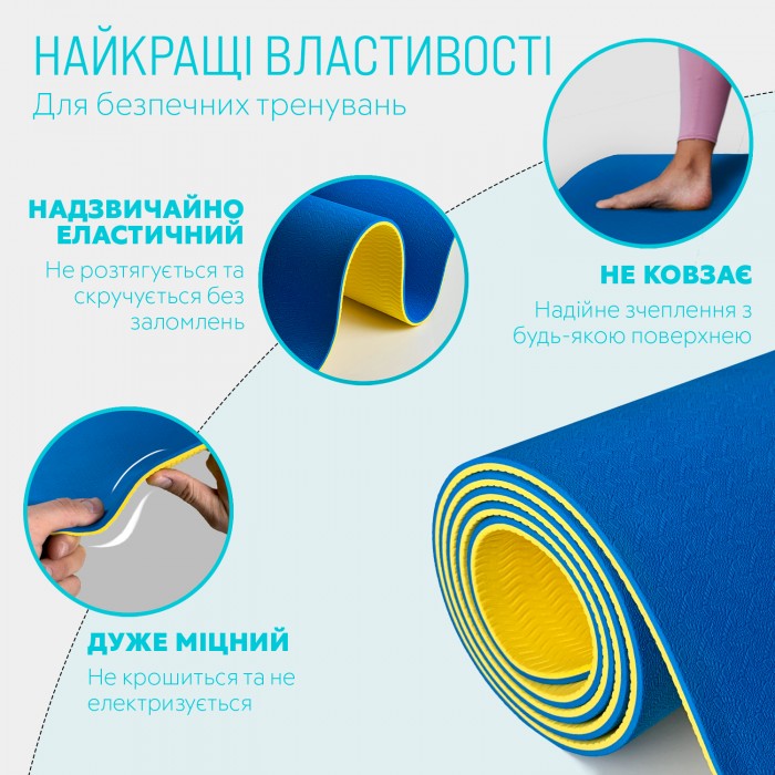 Коврик для йоги и фитнеса EasyFit TPE+TC 6 мм двухслойный + Чехол синий-желтый
